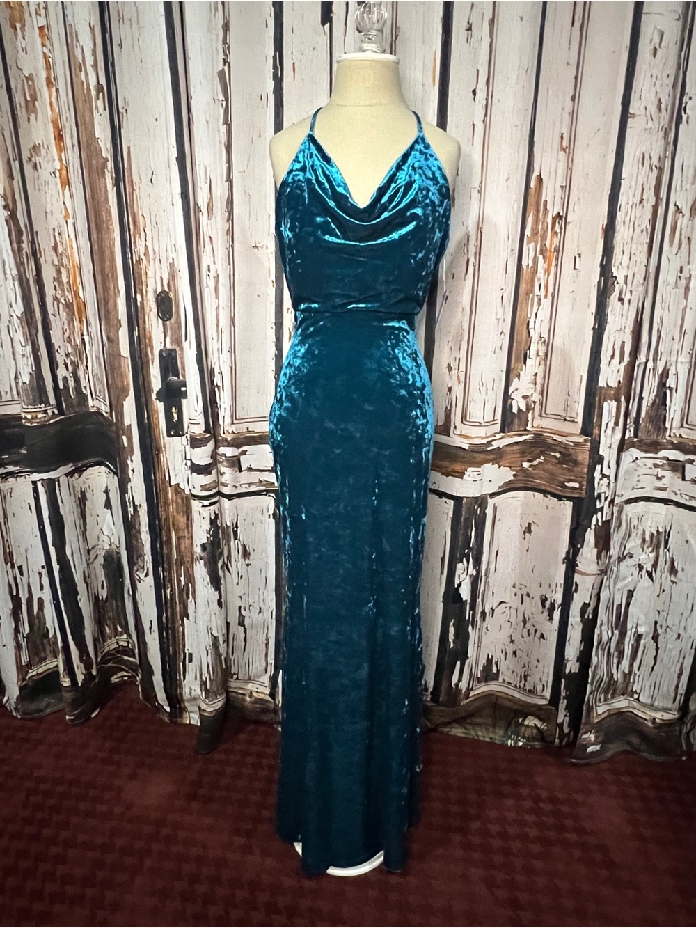 Bridal Inspired Velvet Cowl Neck Maxi Dress in Teal